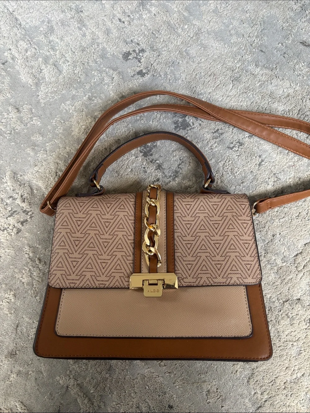 Aldo Beige and Tan Chain-Accent Satchel